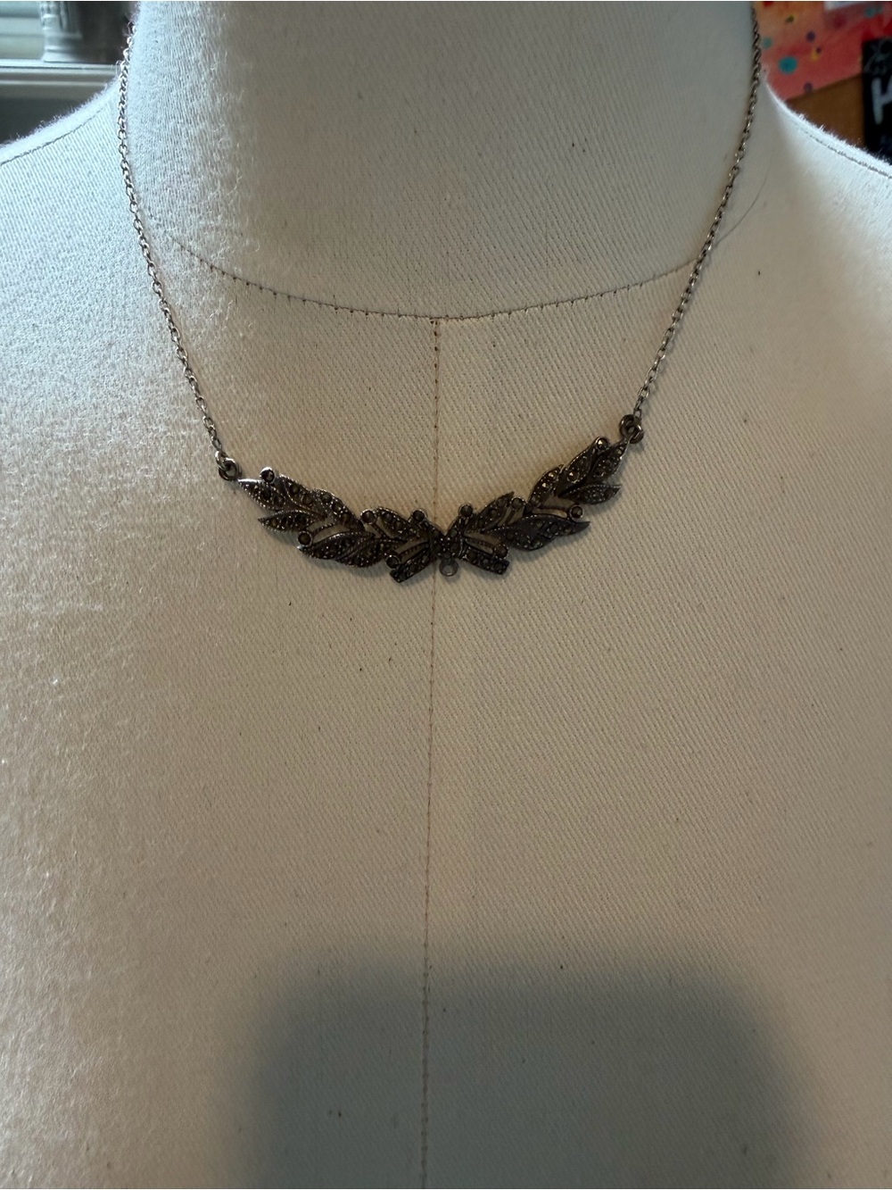 Delicate Leaf Marcasite Necklace in Dark Silver